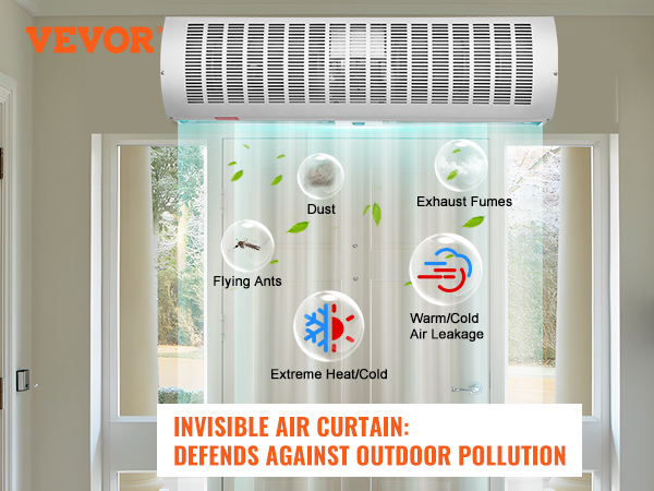 VEVOR air curtain blocking dust, exhaust fumes, flying ants, and temperature changes at door entrance.