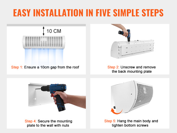 VEVOR air curtain installation steps: ensure 10cm gap, remove mounting plate, secure to wall, hang body.