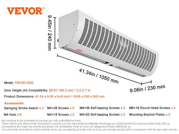 model fm150-1050 VEVOR air curtain with dimensions 41.34 x 9.06 x 9.45 inches. accessories listed.