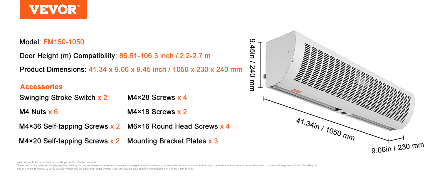 model fm150-1050 VEVOR air curtain with dimensions 41.34 x 9.06 x 9.45 inches. accessories listed.