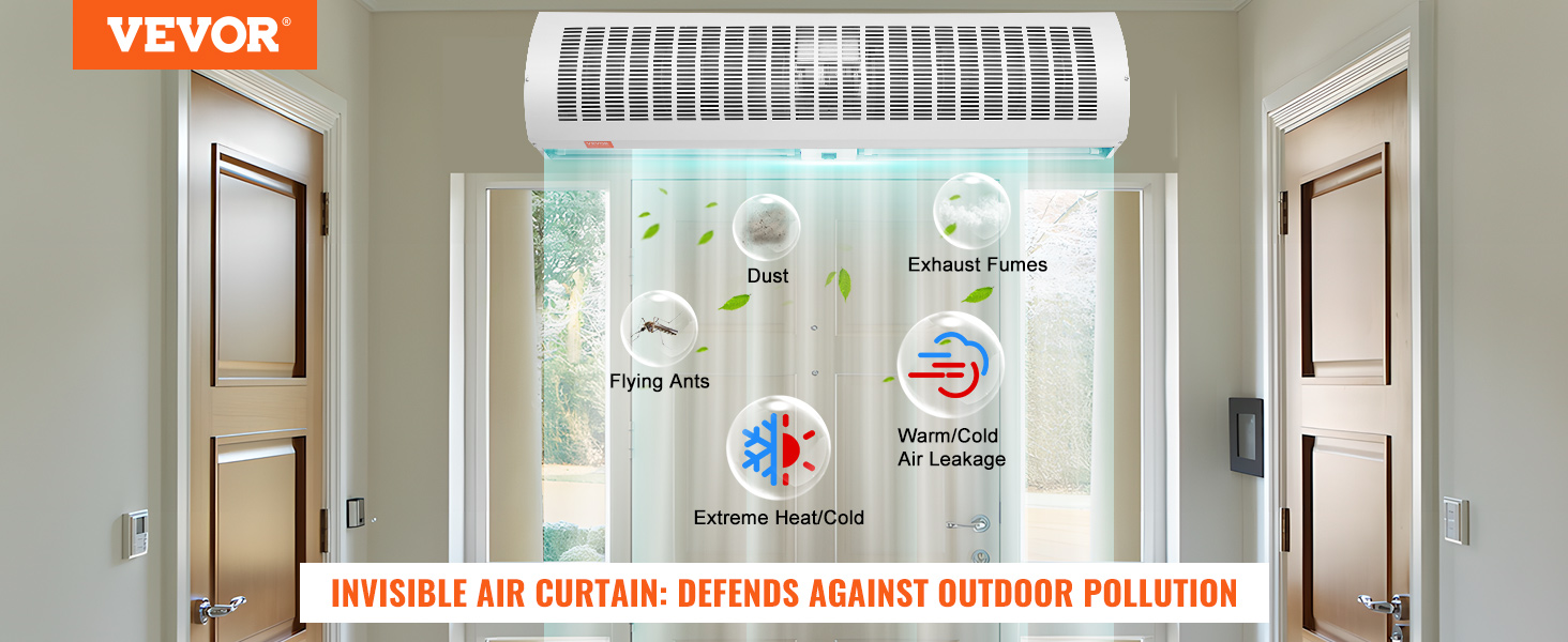VEVOR air curtain above door repels dust, fumes, flying ants, and extreme temperature changes.