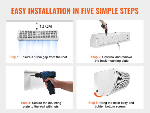 easy installation guide for VEVOR air curtain: align 10cm gap, unscrew plate, mount securely, attach and tighten.