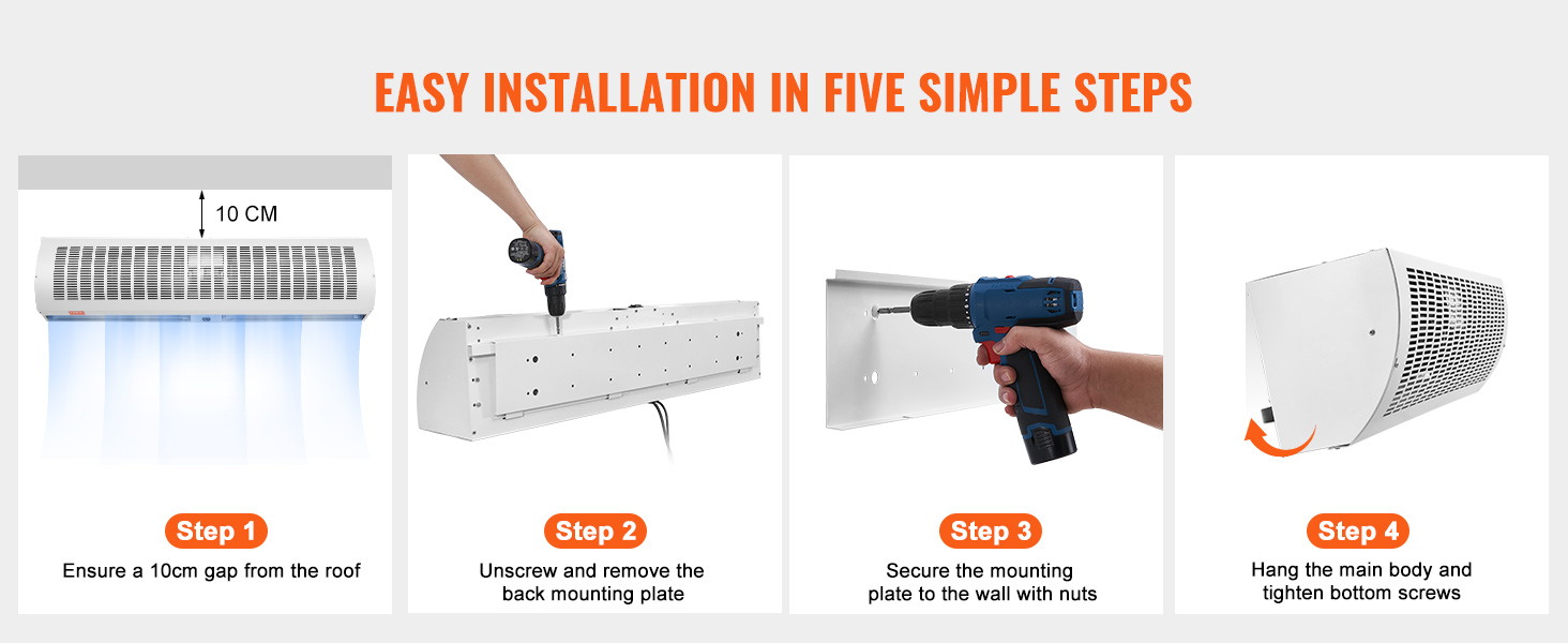 easy installation guide for VEVOR air curtain: align 10cm gap, unscrew plate, mount securely, attach and tighten.