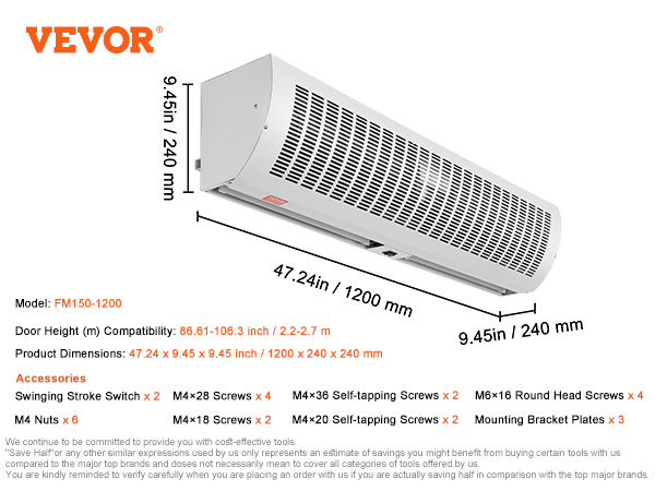 VEVOR iekštelpu gaisa aizkars fm150-1200, izmēri 47,24 x 9,45 x 9,45 collas, ar komplektā iekļautajiem piederumiem.