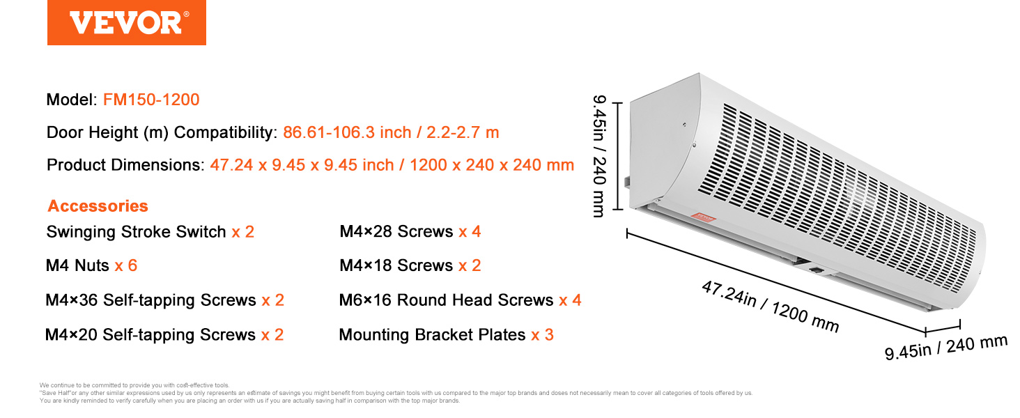 VEVOR iekštelpu gaisa aizkars fm150-1200, izmēri 47,24 x 9,45 x 9,45 collas, ar komplektā iekļautajiem piederumiem.