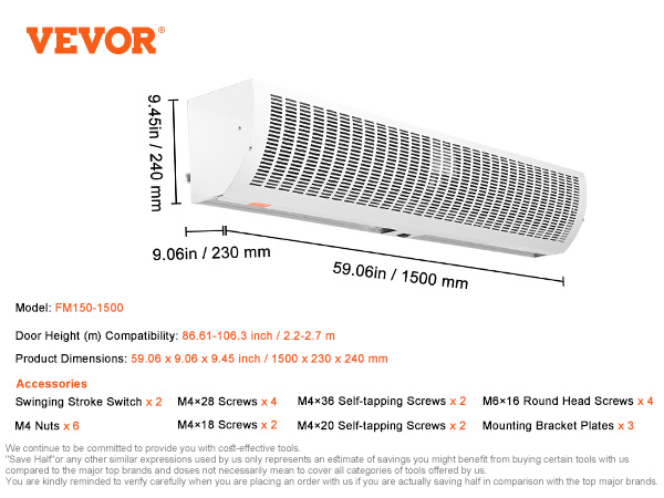 VEVOR indoor air curtain fm150-1500, 59.06 x 9.06 x 9.45 in, door height compatibility 2.2-2.7 m.