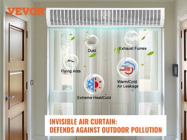 VEVOR indoor air curtain protecting against dust, exhaust fumes, flying ants, and temperature extremes.