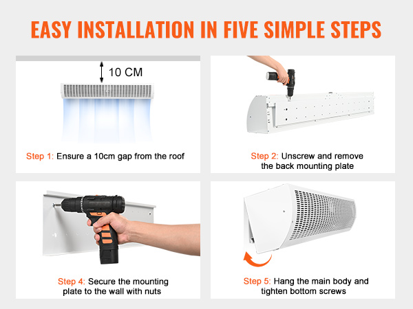 VEVOR indoor air curtain installation guide in four steps with text and images displaying the process.