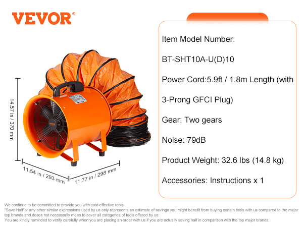 VEVOR portable ventilator with 5.9ft power cord, 79db noise, 32.6 lbs weight, and two gears.