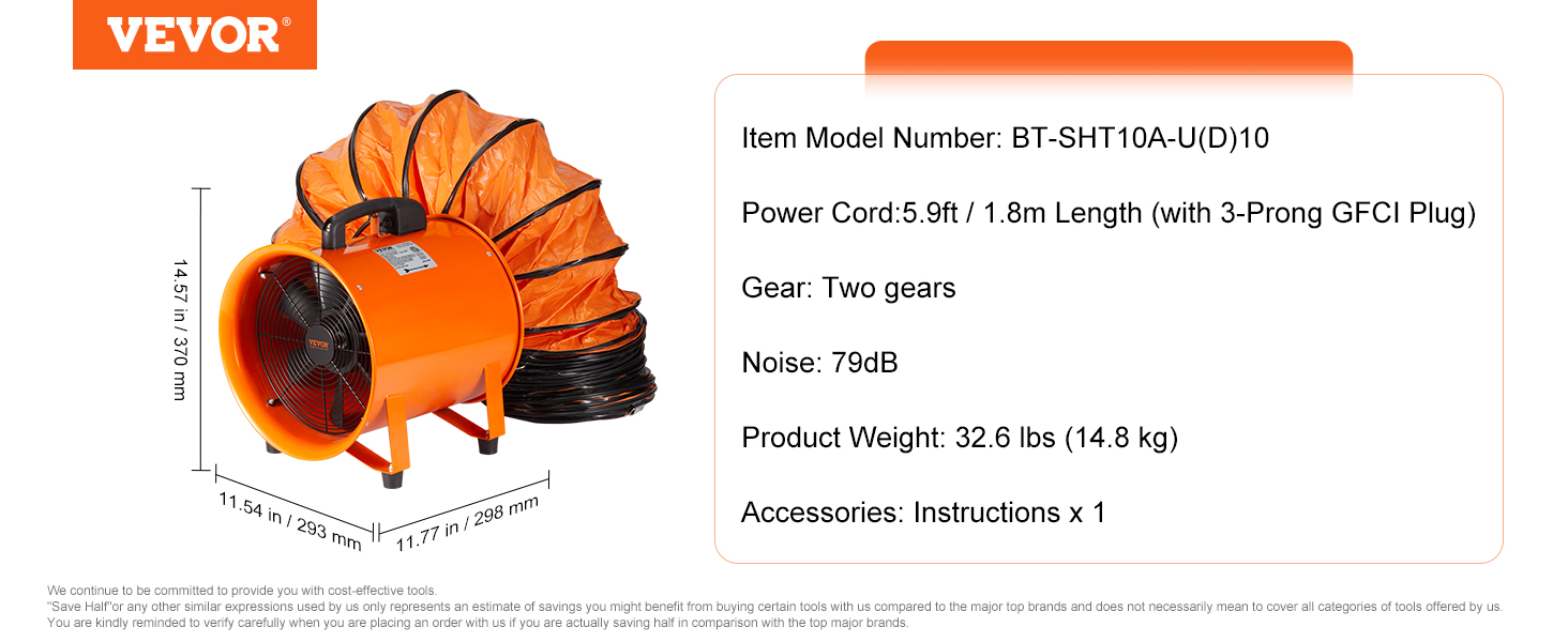 VEVOR portable ventilator with 5.9ft power cord, 79db noise, 32.6 lbs weight, and two gears.