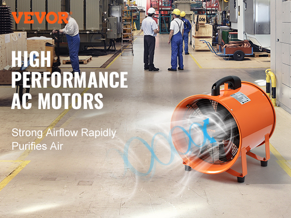 VEVOR portable ventilator in an industrial workshop, showcasing strong airflow with high performance ac motors.