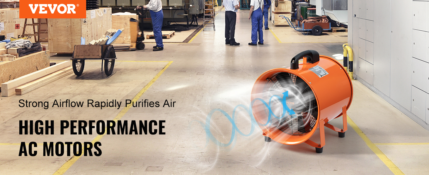 VEVOR portable ventilator in an industrial workshop, showcasing strong airflow with high performance ac motors.