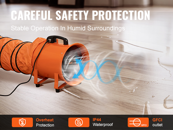 VEVOR portable ventilator with overheat protection, ip44 waterproof rating, and gfci outlet on wet floor.