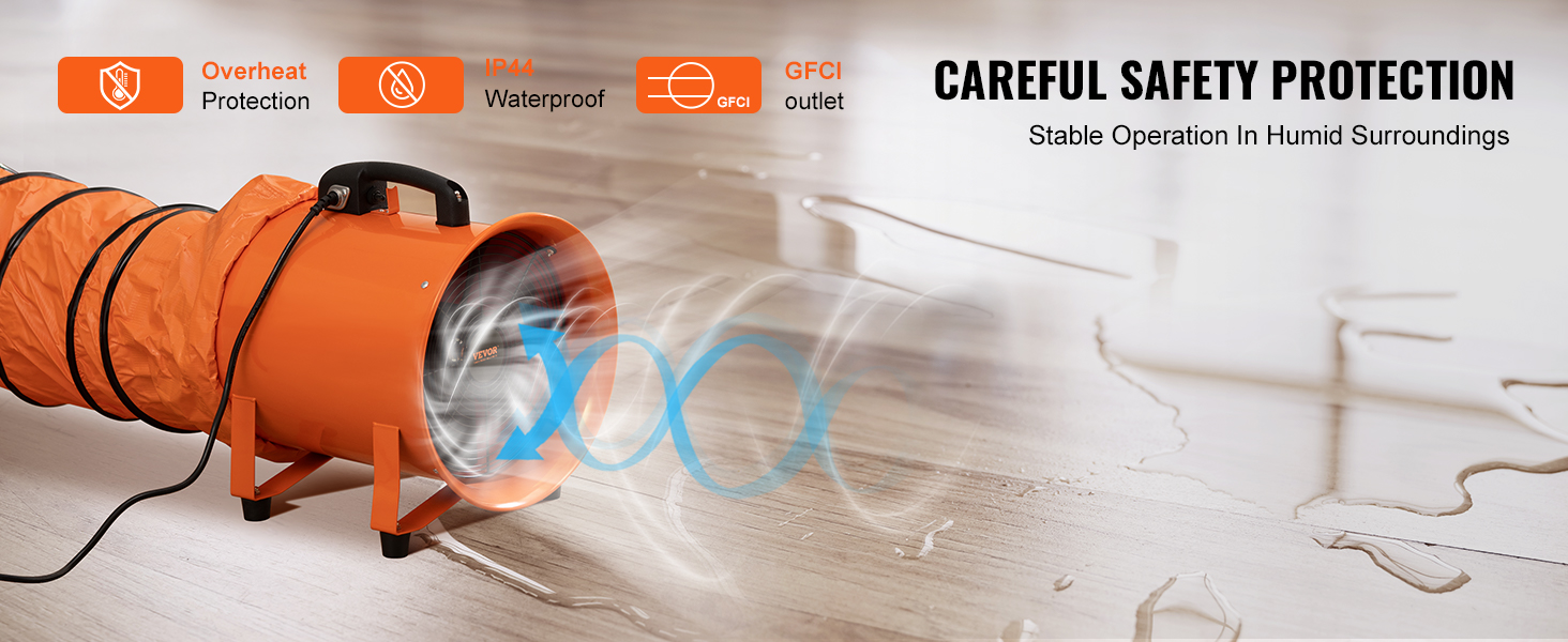 VEVOR portable ventilator with overheat protection, ip44 waterproof rating, and gfci outlet on wet floor.