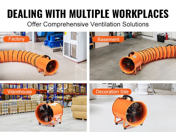 VEVOR portable ventilator for factory, basement, warehouse, and decoration site ventilation solutions.
