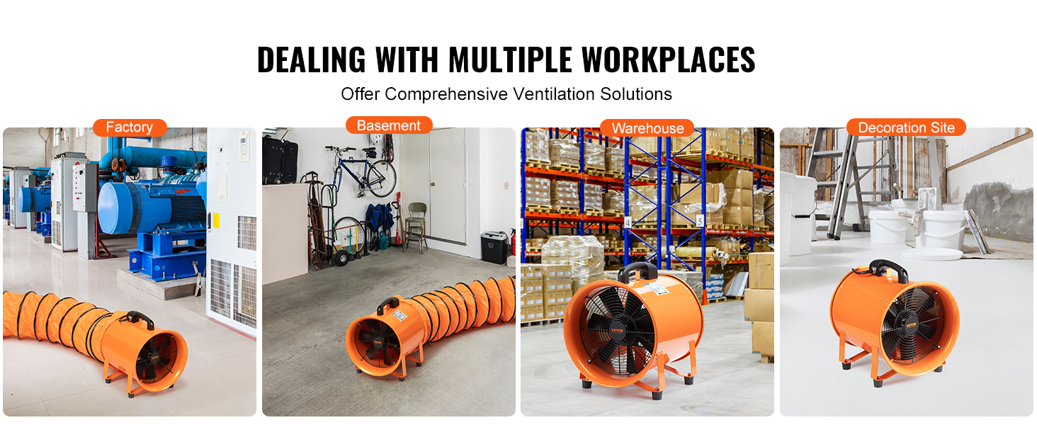 VEVOR portable ventilator for factory, basement, warehouse, and decoration site ventilation solutions.