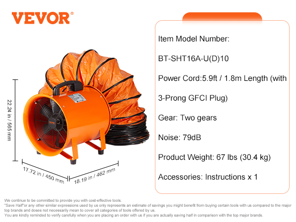 VEVOR portable ventilator with orange flexible duct, 5.9ft power cord, and noise level of 79db.