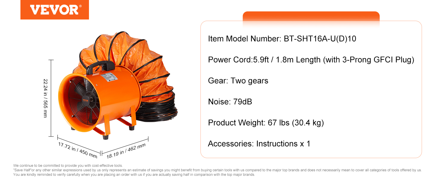 VEVOR portable ventilator with orange flexible duct, 5.9ft power cord, and noise level of 79db.