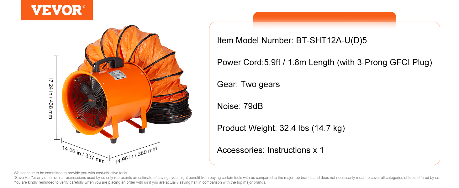 VEVOR portable ventilator, model bt-sht12a-u(d)5 with 5.9ft power cord, two gears, and 79db noise level.
