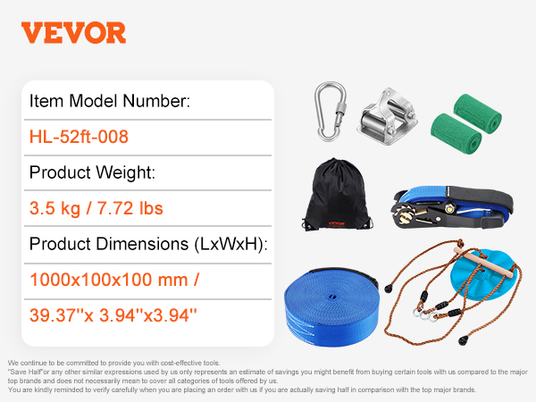 VEVOR zip line kit with hl-52ft-008 model, 3.5 kg weight, and 1000x100x100 mm dimensions.
