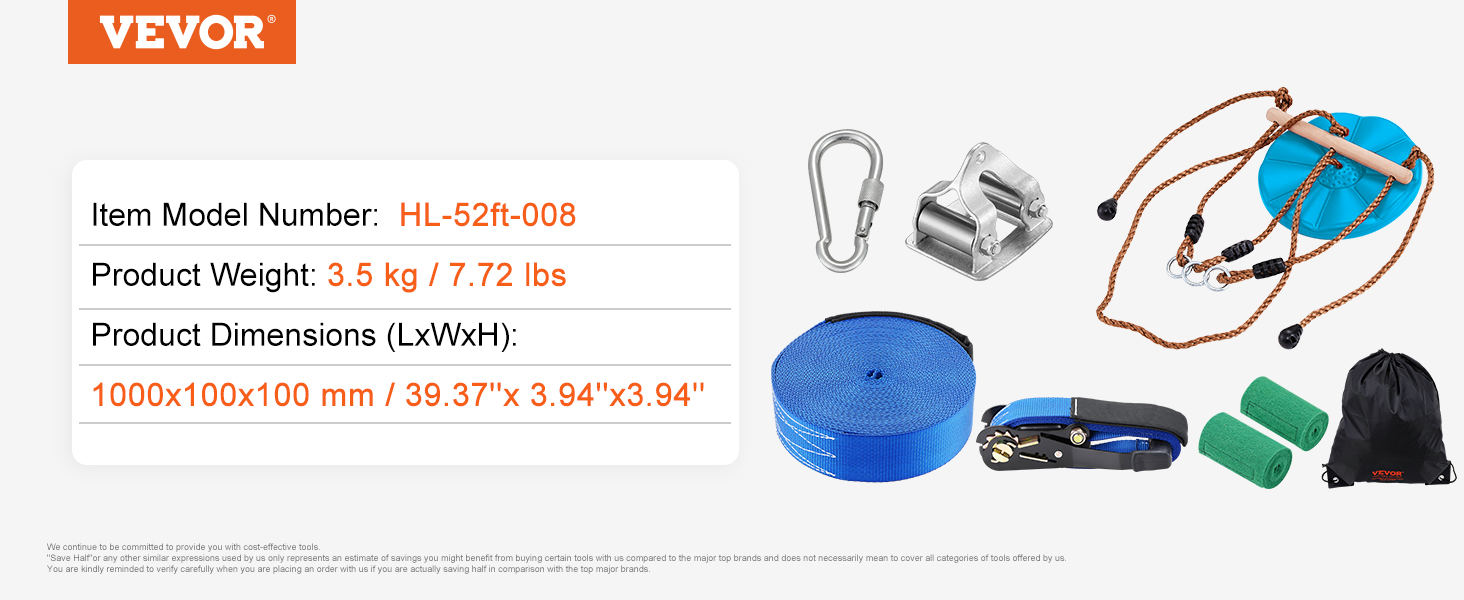 VEVOR zip line kit with hl-52ft-008 model, 3.5 kg weight, and 1000x100x100 mm dimensions.