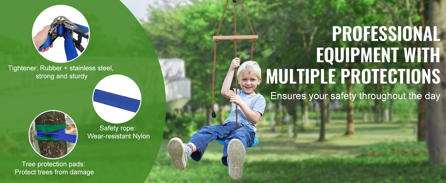 child enjoying VEVOR zip line kit in a park, emphasizing safety features and multiple protections.