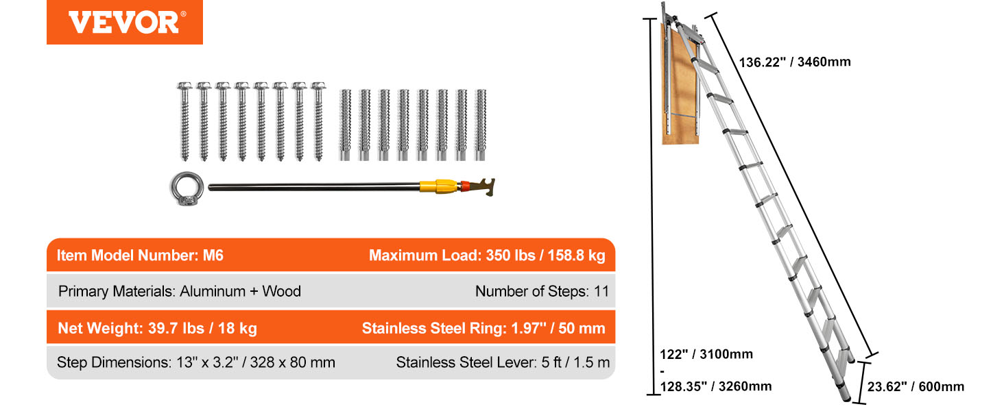 VEVOR attic ladder, model m6, aluminum and wood, supports up to 350 lbs, 11 steps, 136.22" height.