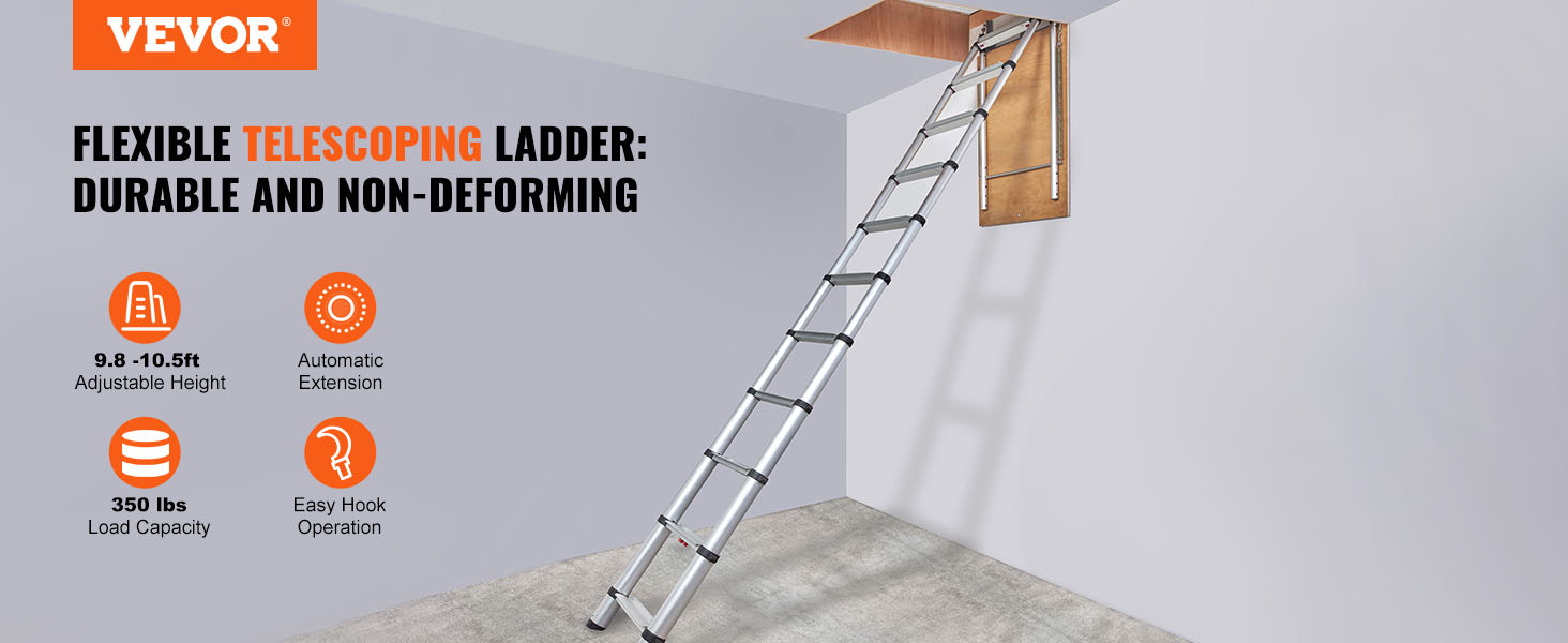 VEVOR attic ladder with telescoping design, 350 lbs load capacity, and adjustable height up to 10.5 ft.