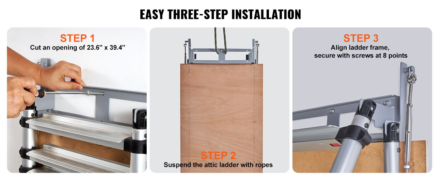 easy three-step installation guide for VEVOR attic ladder: cut an opening, suspend ladder, secure frame.