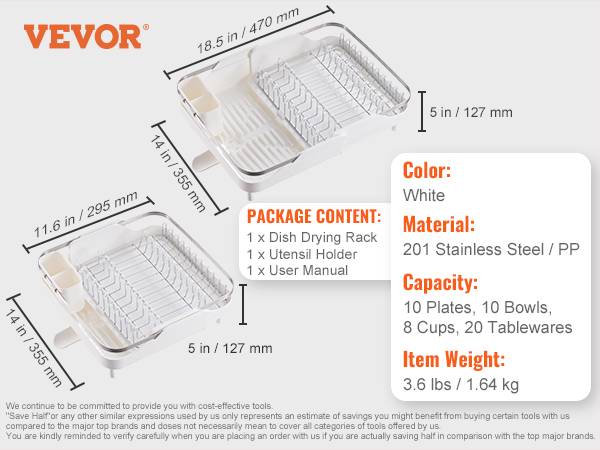 VEVOR dish drying rack with utensil holder, 201 stainless steel, white, 3.6 lbs, 18.5x11.6x14 in.