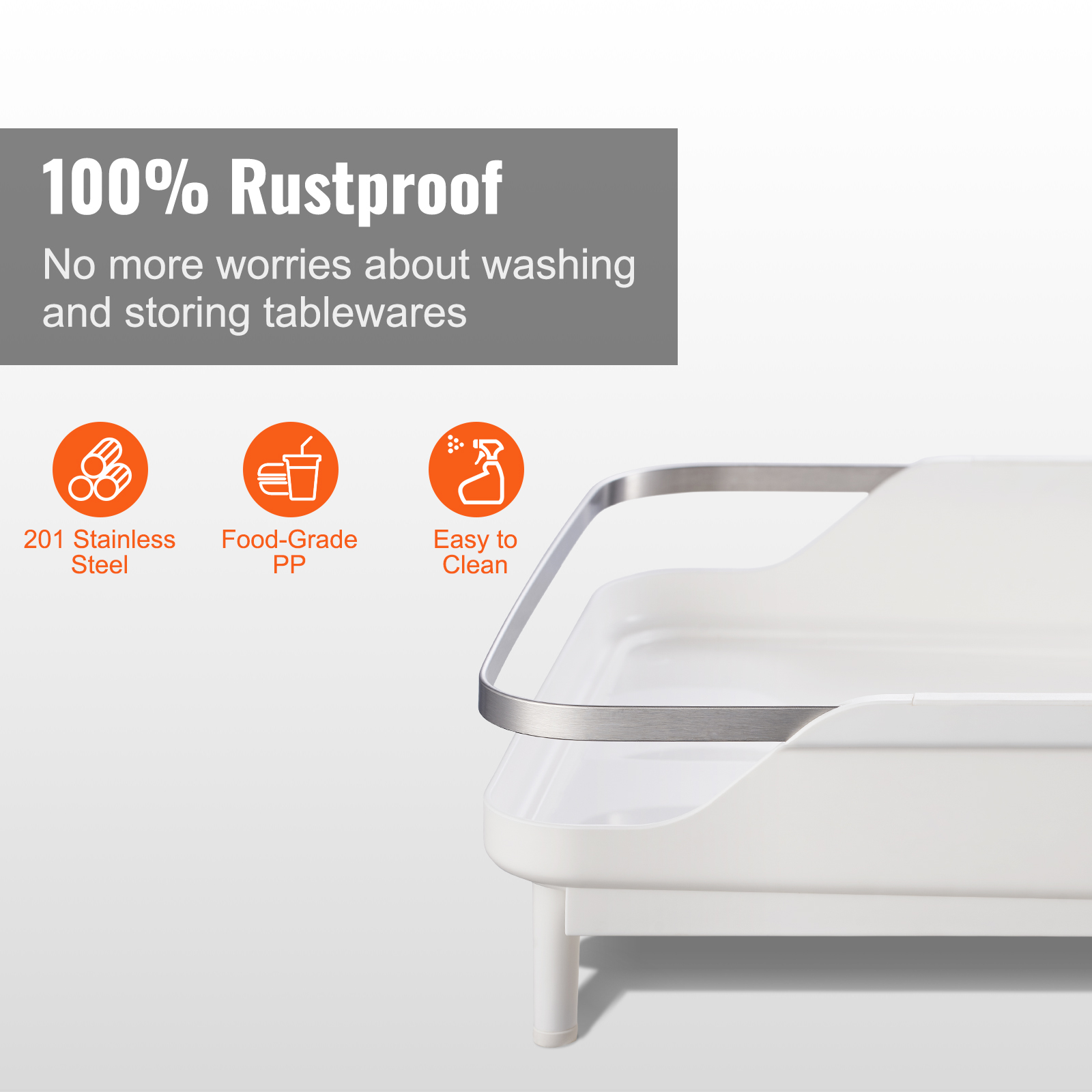 VEVOR dish drying rack: 100% rustproof, 201 stainless steel, food-grade pp, easy to clean.