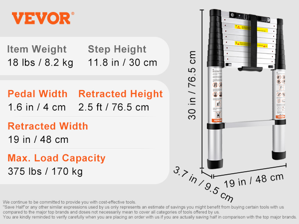 VEVOR telescoping ladder: 10.5 ft extended height, 375 lbs capacity, 18 lbs weight, 2.5 ft retracted height.