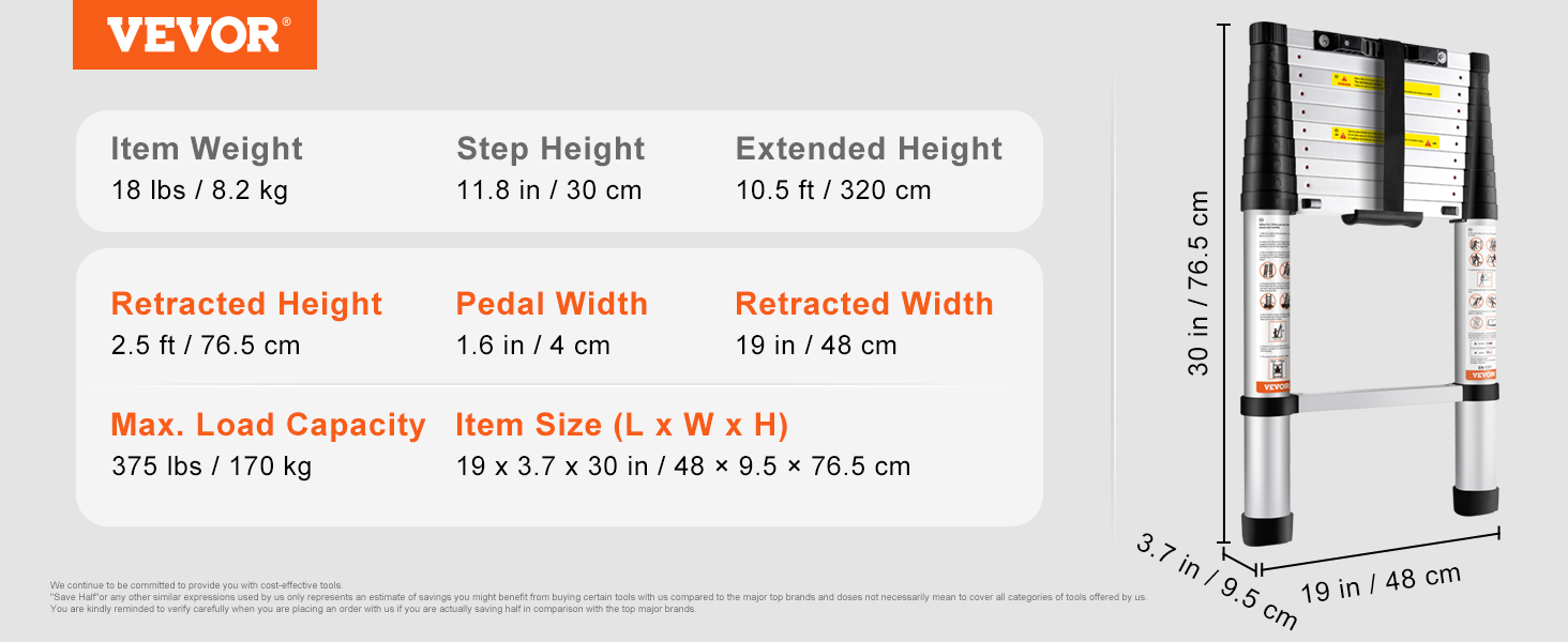 VEVOR telescoping ladder: 10.5 ft extended height, 375 lbs capacity, 18 lbs weight, 2.5 ft retracted height.