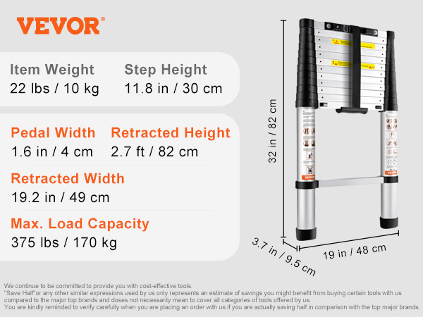 VEVOR telescoping ladder, 12.5 ft extended height, 22 lbs weight, 375 lbs max load capacity.