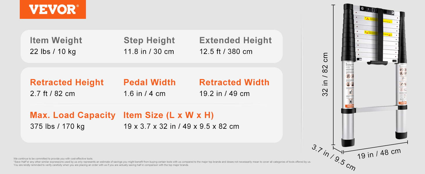 VEVOR telescoping ladder, 12.5 ft extended height, 22 lbs weight, 375 lbs max load capacity.