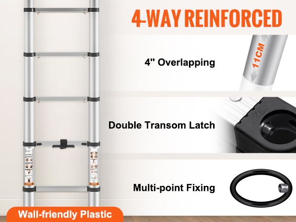 VEVOR teleskoopsilindrit redeli seina-sõbralik plastikust, 4-way tugevdatud, 4" kattuvad, ahtripeegel riivi.