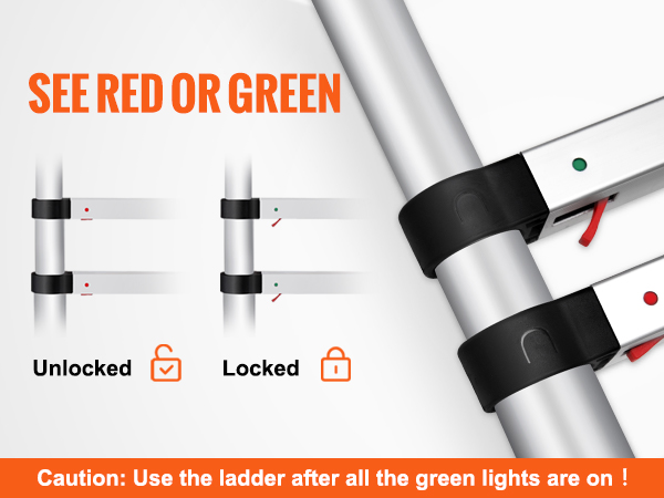 VEVOR teleskoopsilindrit redeli lock süsteemi näitajad: punane, lukustamata, roheline lukustatud; tagada ohutus.