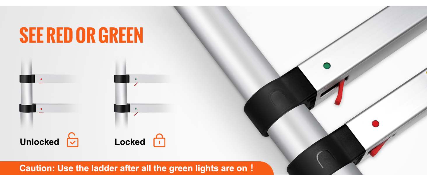 VEVOR teleskoopsilindrit redeli lock süsteemi näitajad: punane, lukustamata, roheline lukustatud; tagada ohutus.