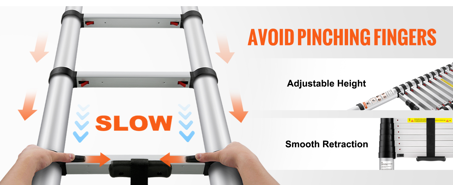 VEVOR teleskoopsilindrit redel, millel on reguleeritav kõrgus, aeglaselt sisse, ja näputäis-tasuta kujundus.