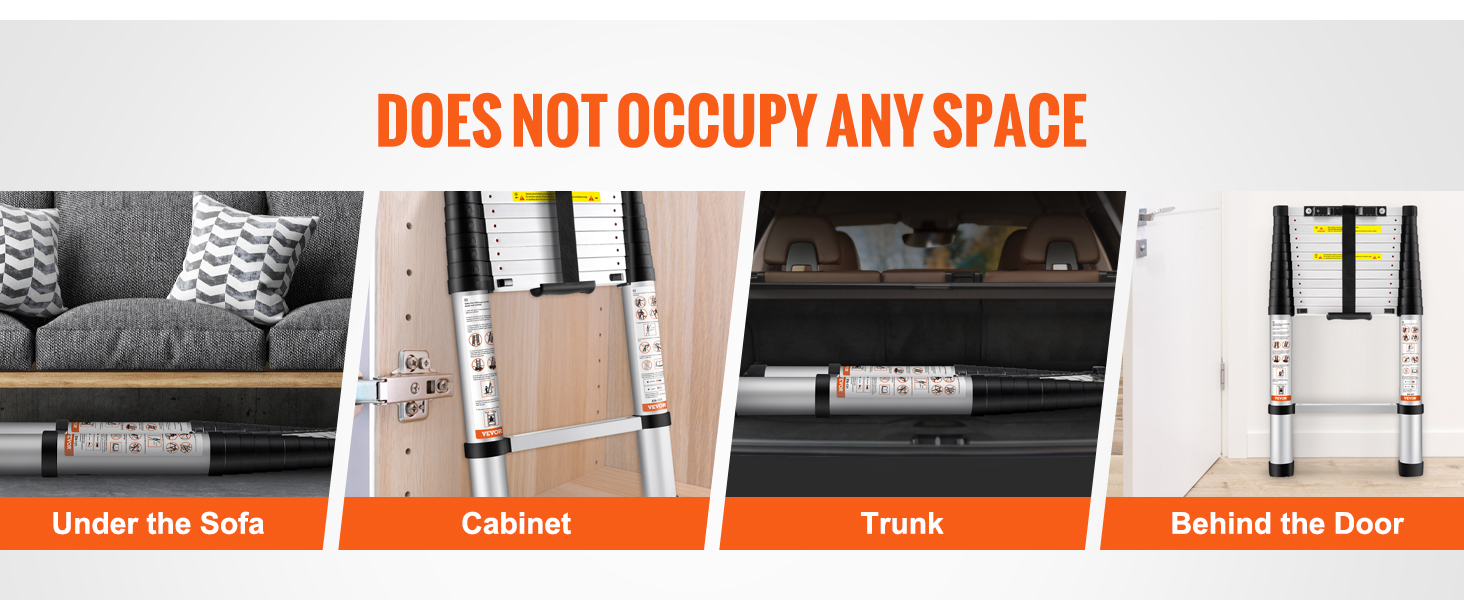 VEVOR teleskoopsilindrit redeli all ladustada diivan, kapis, in trunk, ja taga luuk; kompaktne ja ruumisäästlik.