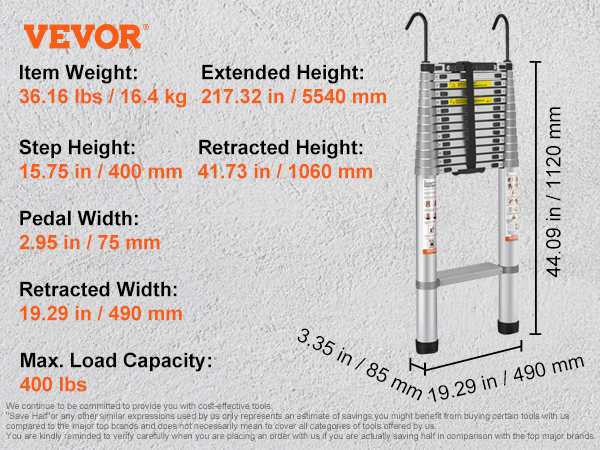 VEVOR telescoping ladder specs: weight 36.16 lbs, extended height 217.32 in, load capacity 400 lbs.