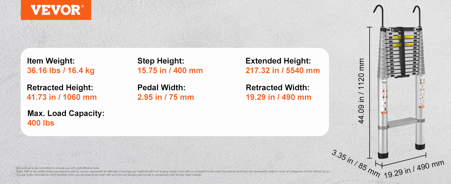 VEVOR telescoping ladder specs: weight 36.16 lbs, extended height 217.32 in, load capacity 400 lbs.