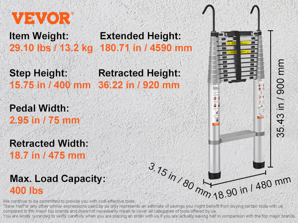 VEVOR telescoping ladder with 400 lb max load capacity, 15.75 in step height, 4590 mm extended height.