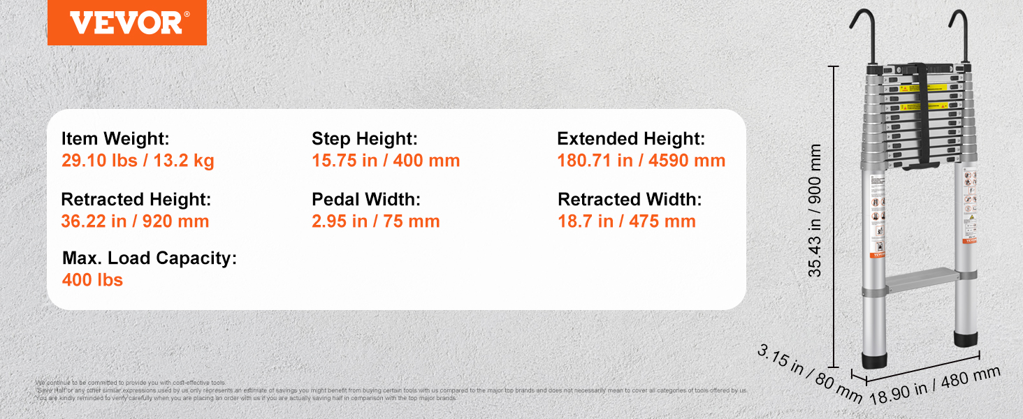 VEVOR telescoping ladder with 400 lb max load capacity, 15.75 in step height, 4590 mm extended height.