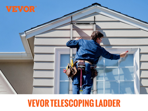 VEVOR telescoping ladder - 400 lbs load, aluminum alloy, 3" broad pedal, bendable, secure every step.