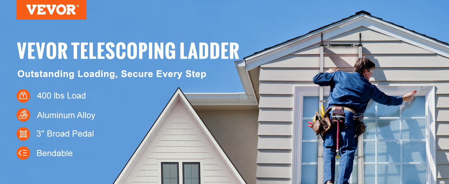 VEVOR telescoping ladder - 400 lbs load, aluminum alloy, 3" broad pedal, bendable, secure every step.