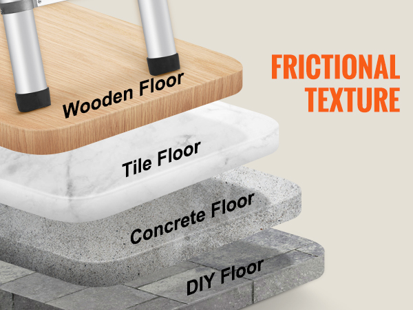 VEVOR telescoping ladder with frictional texture for stability on wooden, tile, concrete, and diy floors.