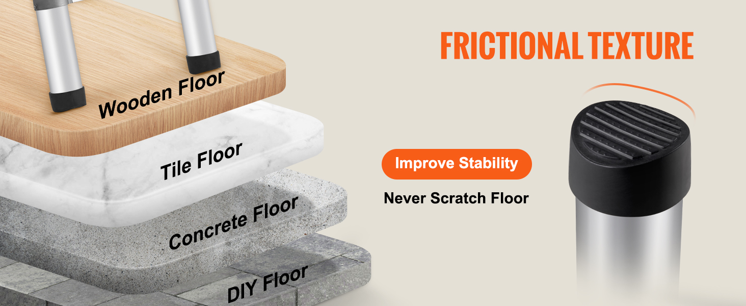 VEVOR telescoping ladder with frictional texture for stability on wooden, tile, concrete, and diy floors.