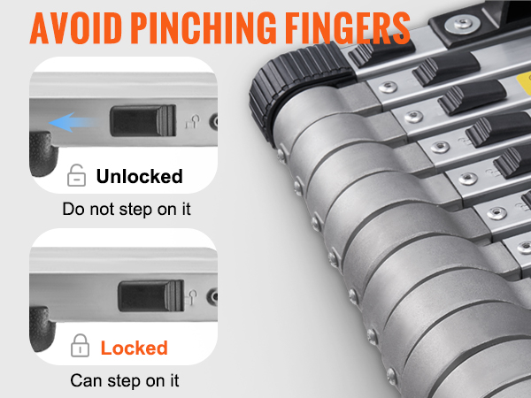 VEVOR telescoping ladder safety feature to avoid pinching fingers with locked and unlocked indicators.