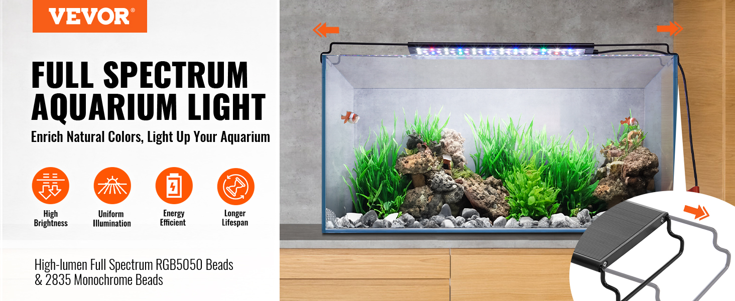 VEVOR aquarium light, full spectrum, enhances natural colors, high brightness, energy efficient.